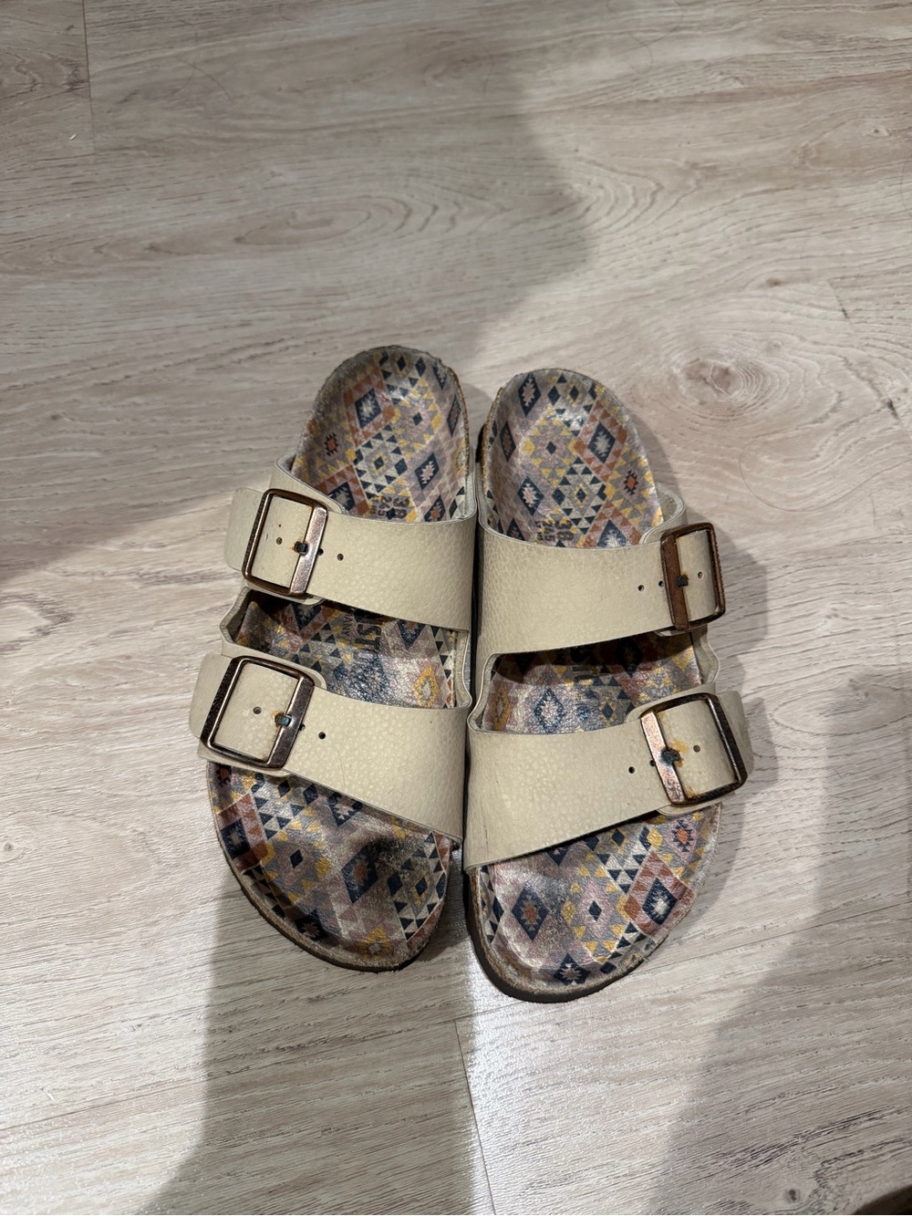 Birkenstocks Beige Double Buckle Slide Sandals with Printed Footbed
